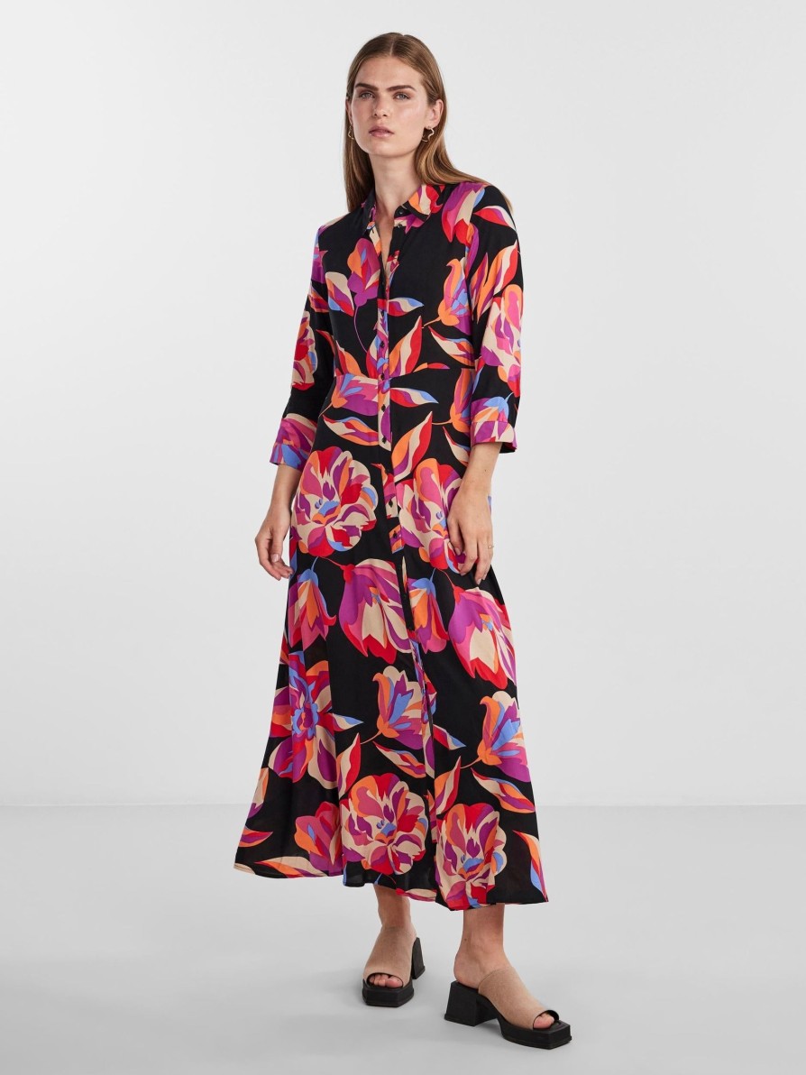 Overdele YAS | Savanna Long Shirt Dress Black Aop Flower Print