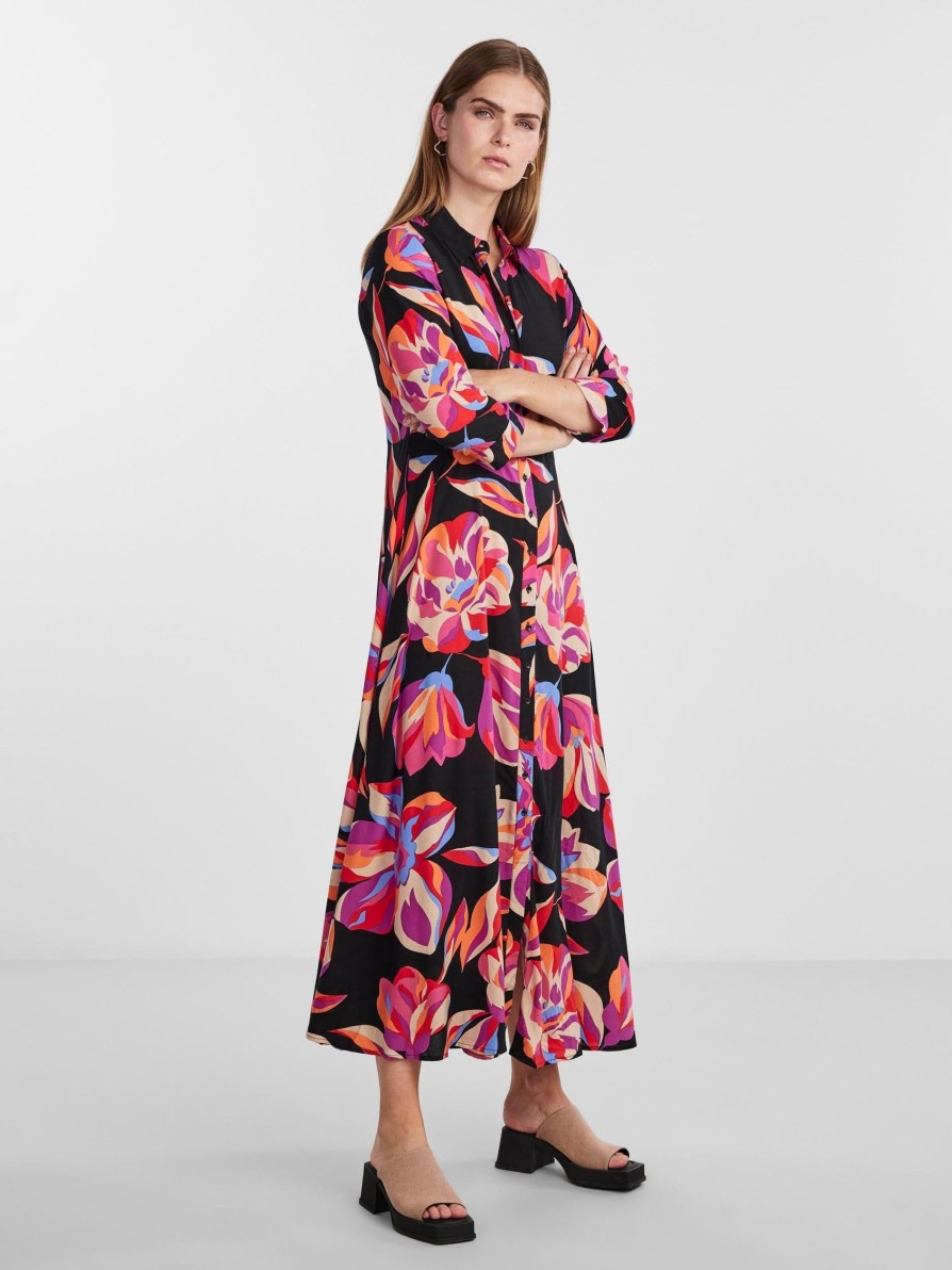 Overdele YAS | Savanna Long Shirt Dress Black Aop Flower Print