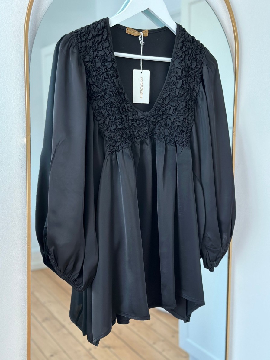 Overdele Boho Love | Satin Skjorte Med Krol Black