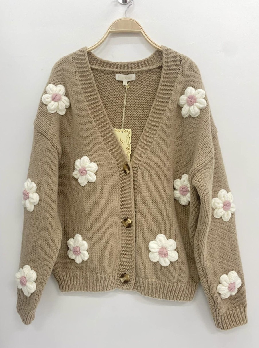 Overdele Gown | Isa Margurit Cardigan Med Handlavet Blomster Camel